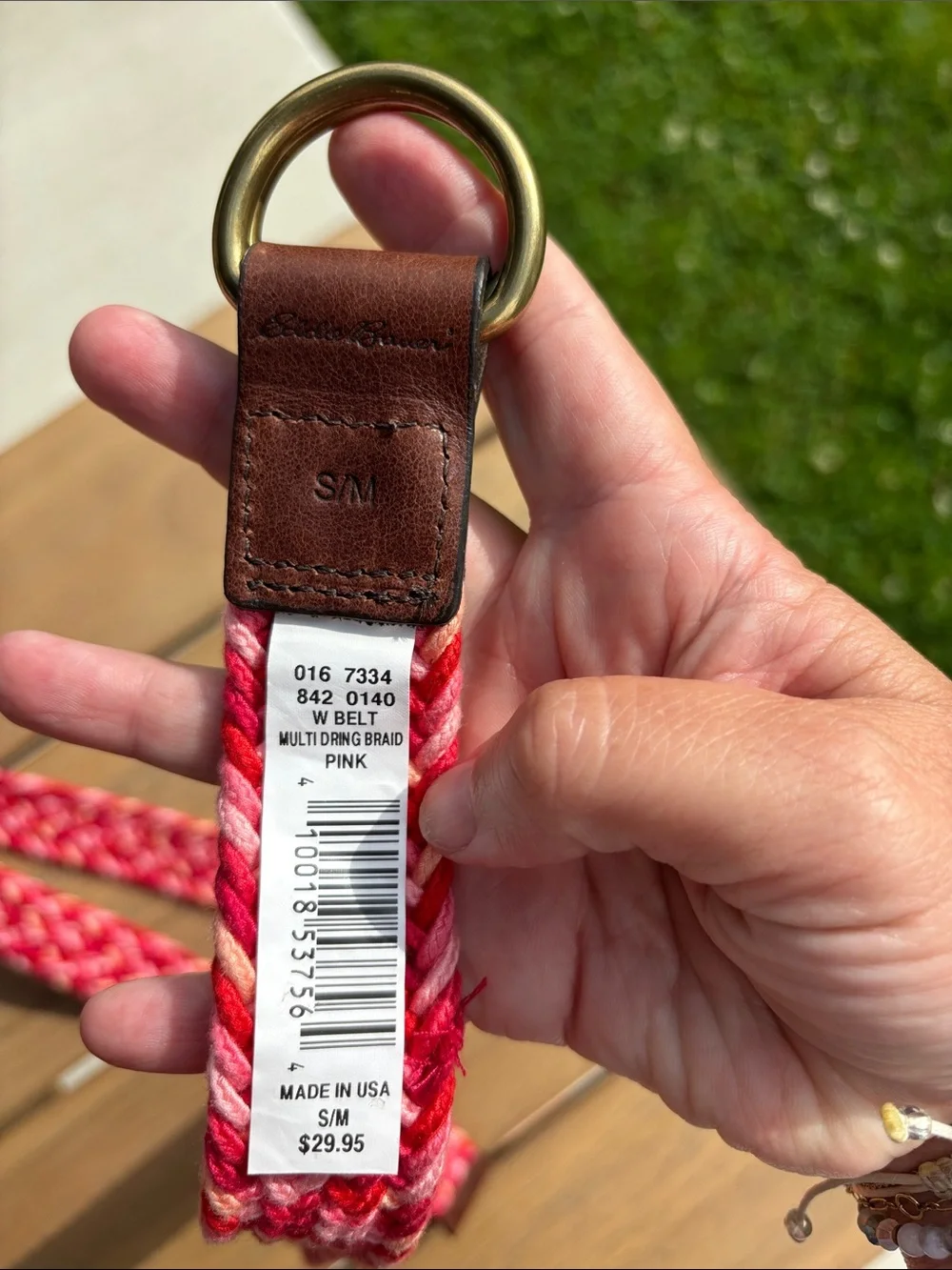Eddie Bauer Woven colorful Braided Belt Brown Leather Trim brass Small NEW!